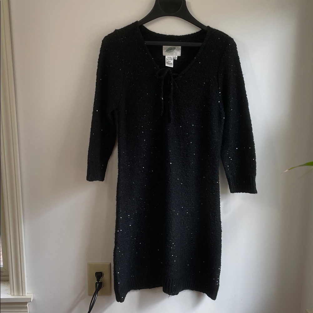 Nurture Sequined Black Midi Knit Long Sleeve Sweater Dress L